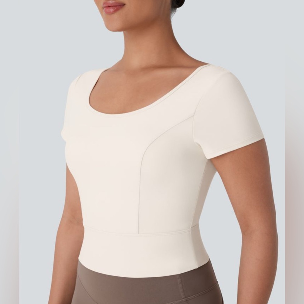 Halara Softly Zero Plus U Neck Short Sleeve Crossover Mesh Yoga Sports Top NWT M - Picture 1 of 7